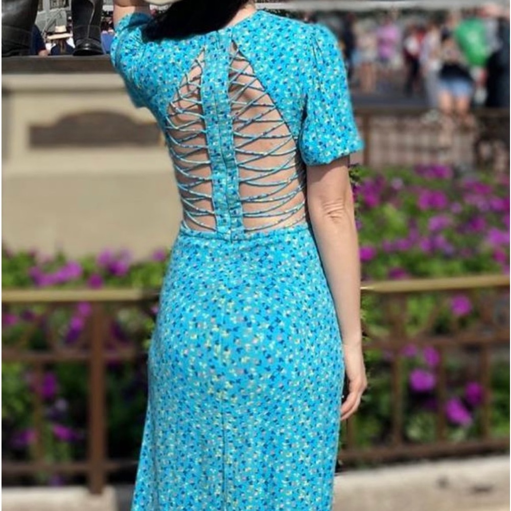 AFRM blue floral dress lave up back cutout back size XS worn 3 times